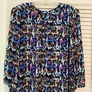 NYDJ Pintuck Blouse Women's Petite XL Blue Split Neck Pullover PXL